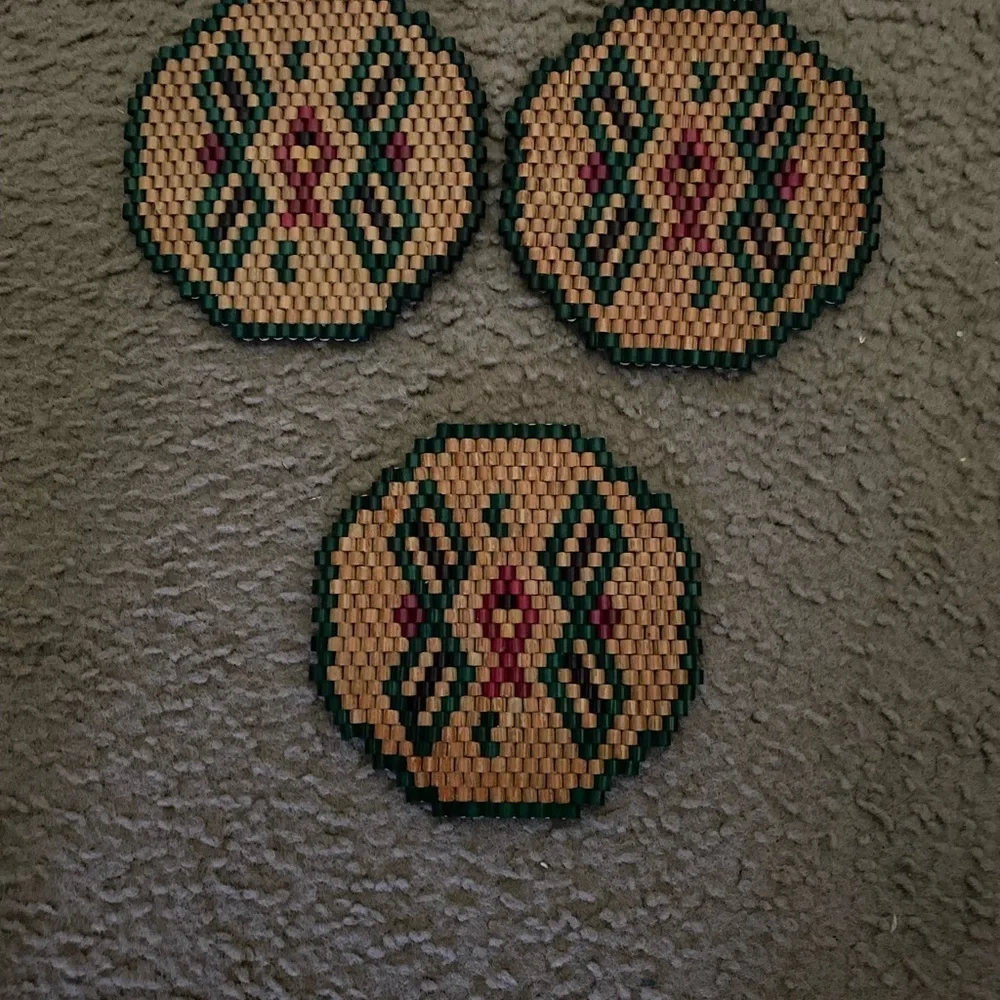 Vintage Set Of 3 Wooden Beaded Geometric Patterned Trivets For Hot Cookware 6in